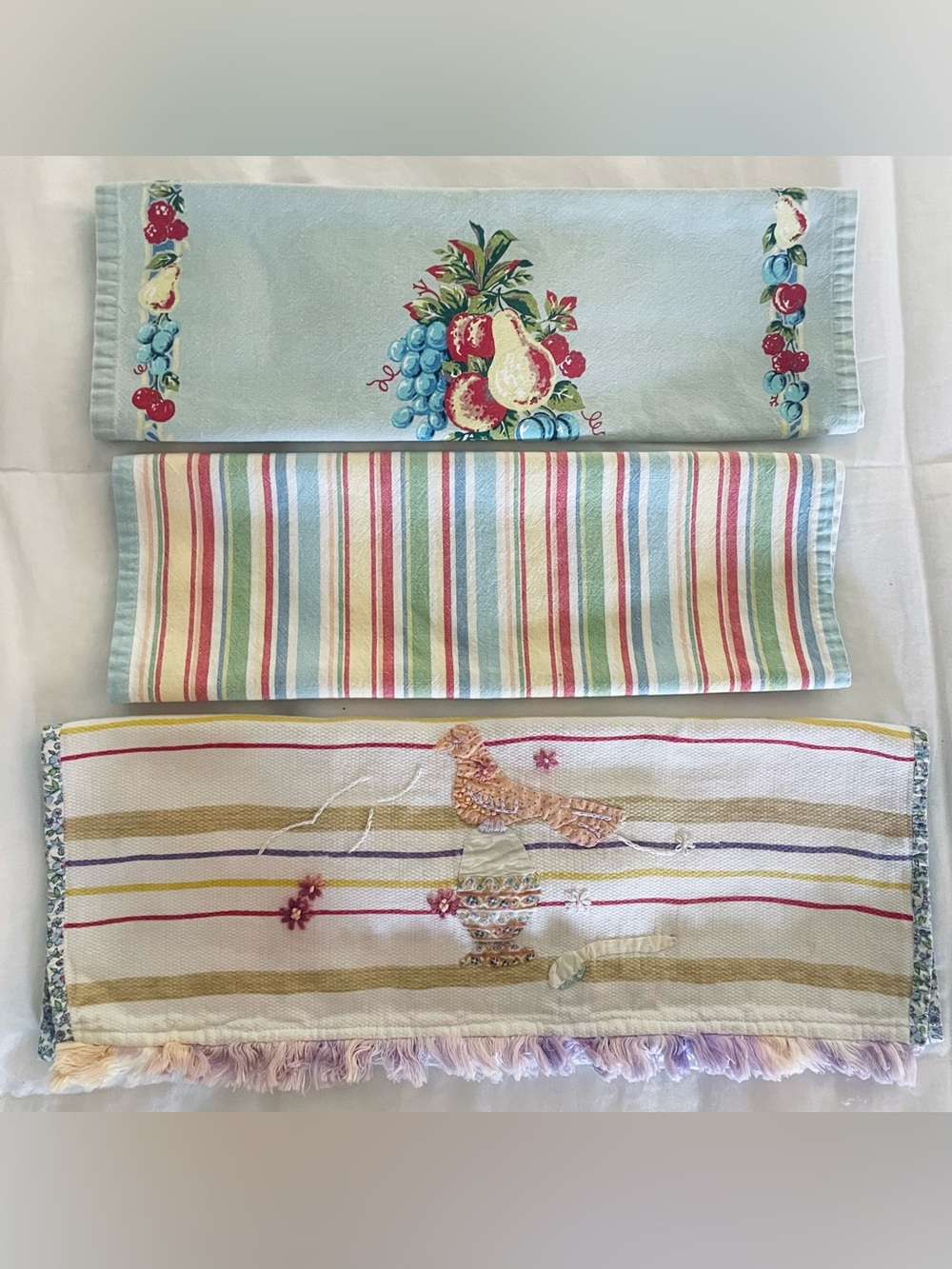 Vintage Tea Towels Lot of 3 Cotton Bird Fruit Flowers Stripes Cottagecore